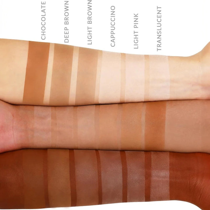 Color swatches of tights in various shades on a white background